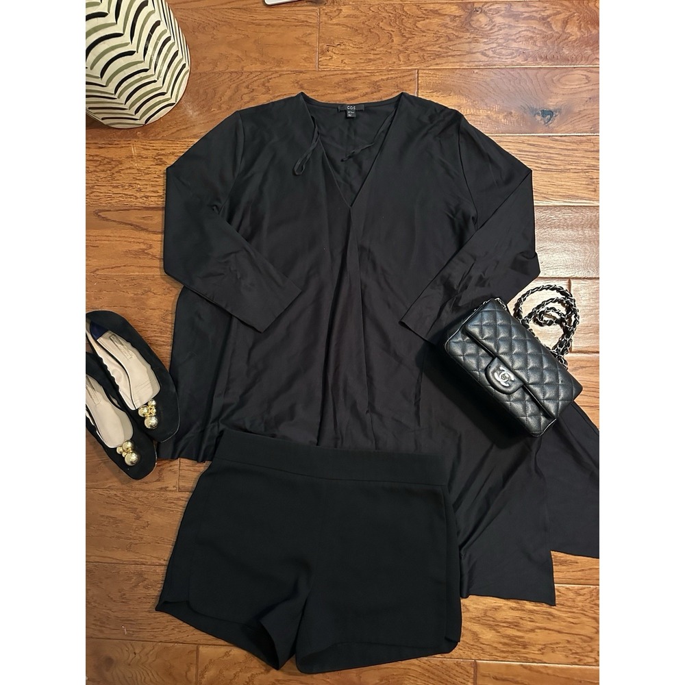 COS Black Deconstructed Asymmetric Drape Slit Cotton V-Neck Blouse Top M
